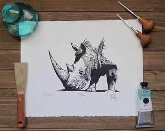 Rhino handmade linocut
