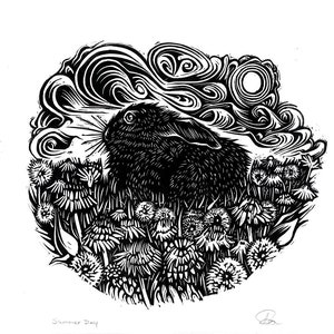 May include: Black and white linocut print of a rabbit in a field of flowers with a moon and clouds in the background. The print is titled "Summer Day".