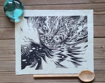 Otter art handmade linocut print