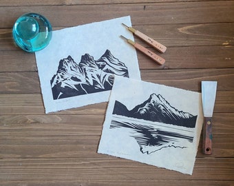 Mount Rundle & Three Sisters Linocut Prints: Handmade Hosho Paper, 8x10