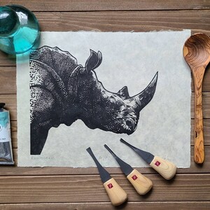 Rhino print handmade linocut print