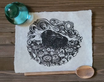 Rabbit art handmade linocut print