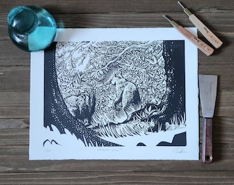 Bear cub print handmade linocut print