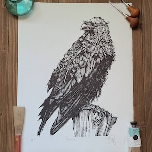 Raven handmade linocut