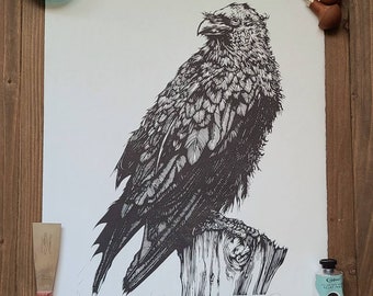 Raven handmade linocut