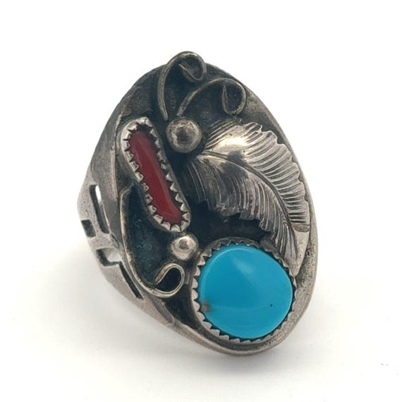 Sterling silver natural turquoise Mediterranean coral ring