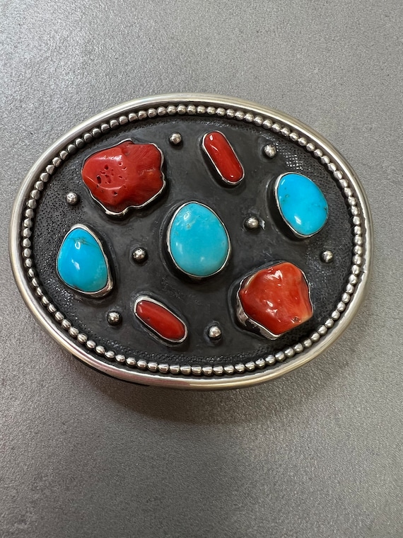 Native American Sterling Turquoise Coral Belt Buck