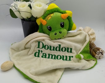 Doudou Brodé, Dinosaure vert à personnaliser, doudou personnalisable avec broderie prénom, doudou personnalisé cadeau naissance baby shower