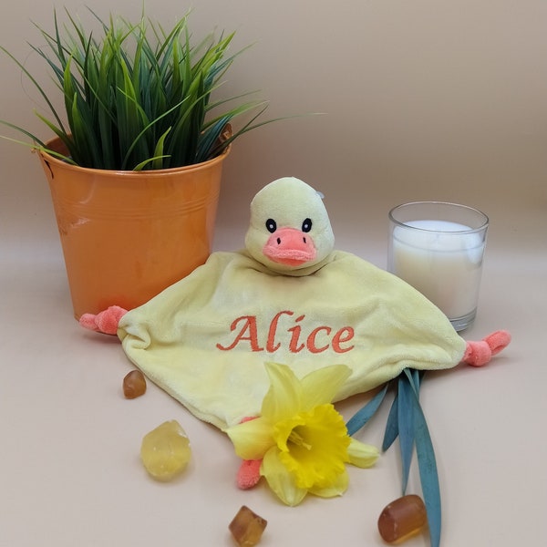 Doudou Brodé, Canard en peluche douce à personnaliser,doudou personnalisé brodé prénom enfant bébé cadeau naissance baby shower jaune fêtes