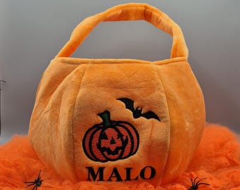 Panier Halloween en peluche orange personnalisé,panier brodé avec un prénom citrouille chauve-souris, fantôme chat noir panier avec broderie