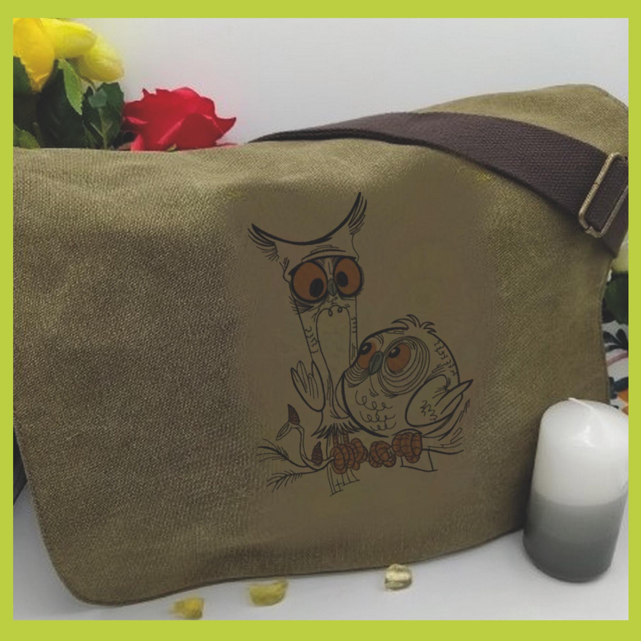 Sac &agrave; Bandouli&egrave;re r&eacute;glable Brod&eacute; avec Deux Hiboux, broderie, sac &agrave