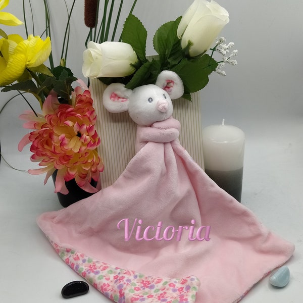 Doudou Brodé, Souris Rose à personnaliser,doudou personnalisé broderie prénom,personnalisation cadeau naissance baby shower bébé jouet fleur