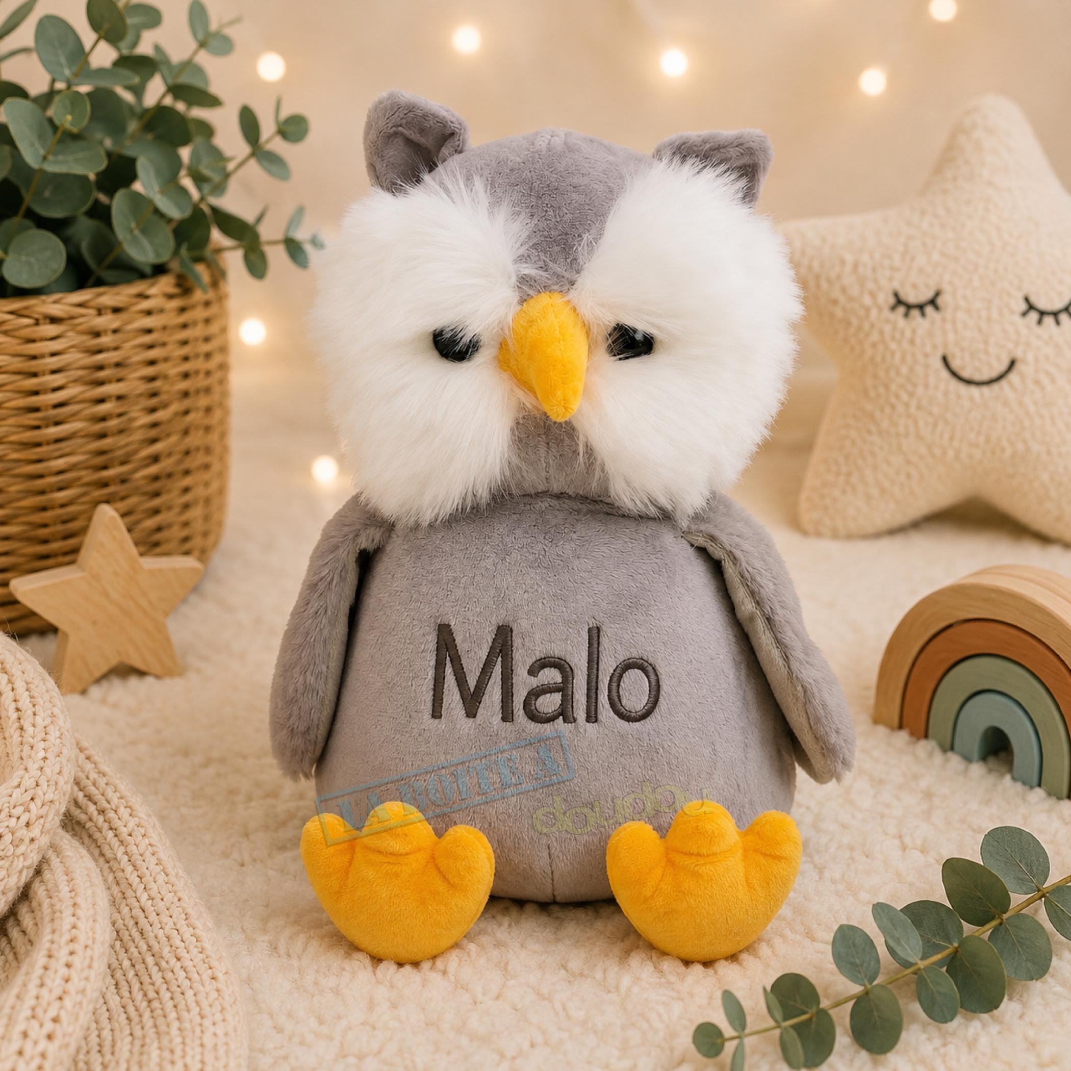Peluche Brodée, Hibou gris à personnaliser,peluche personnalisable avec broderie pr&ea