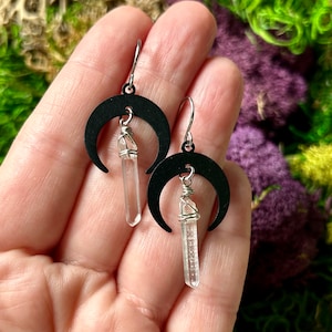 Moon Crystal Point Earrings, Quartz Crystal, Celestial Jewelry
