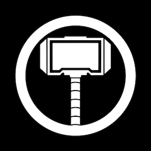 Puede incluir: Una silueta blanca del martillo de Thor, Mjolnir, dentro de un círculo blanco sobre un fondo negro.