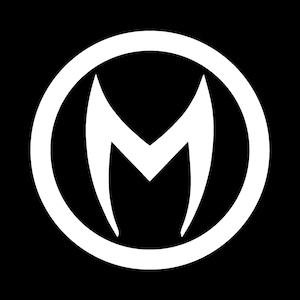 May include: A white stylised letter M with sharp points, enclosed in a white circle on a black background.
