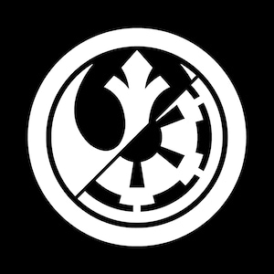 May include: A black and white graphic design of the Rebel Alliance symbol and the Imperial symbol, with the two symbols overlapping and partially obscuring each other.