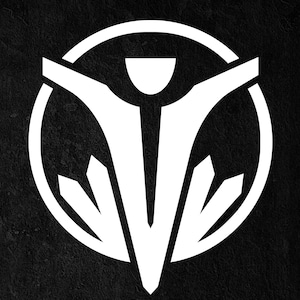 Pu&ograve; includere: Logo grafico bianco su sfondo nero. Il logo presenta una figura umana stilizzata all'interno di un cerchio, con le braccia tese e una sezione inferiore a punta. Il design ha un'estetica moderna e geometrica.