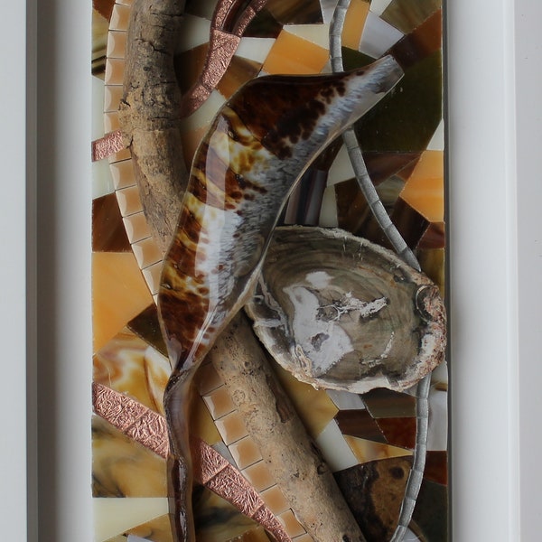 Glass mosaic painting, glass paste, blown glass, stoneware, fossil wood, dead wood