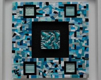 Mosaic painting, glass paste and leather