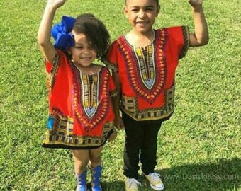 Unisex African Kids Dashikis, 2 Piece Set matching set . top only for kid size 6 and up.  All Sizes, All colors