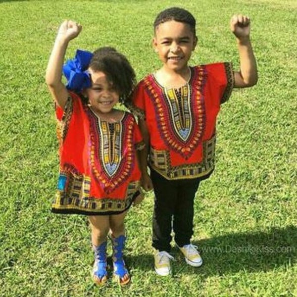 Unisexe African Kids Dashikis, ensemble assorti de 2 pièces. Top uniquement pour les enfants de taille 6 et plus.  Toutes les tailles, toutes les couleurs