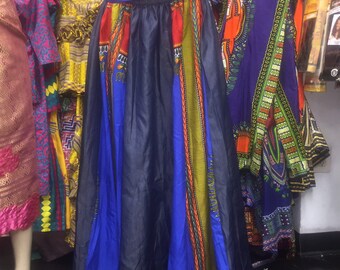 Azul Dashiki maxi falda africana, falda de estampado africano para las mujeres, Maxi falda Ankara, falda africana, falda larga, falda de estampado africano, denim