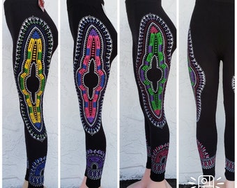 African Dashiki Print Leggings, All Colors, All Sizes, free sizes, plus sizes. All comes with black background