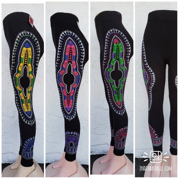 African Dashiki Print Leggings, All Colors, All Sizes, free sizes, plus sizes. All comes with black background