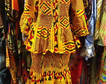 African suit Print African Ankara blouse and matching Skirt , Ankle Length ,elastic waist  Skirt, Multi- Ankle  Skirt and blouse, One Size,