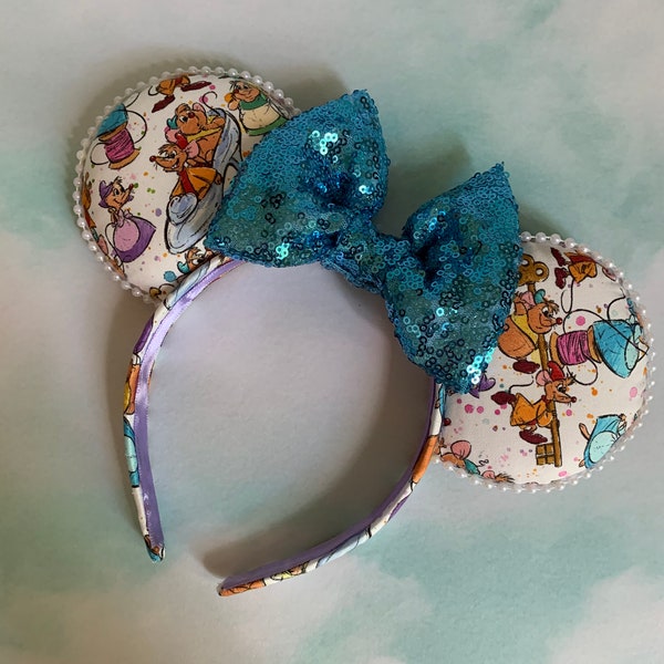 Cinderella Inspired Minnie Ears with Mice Friends, Sequin Bow