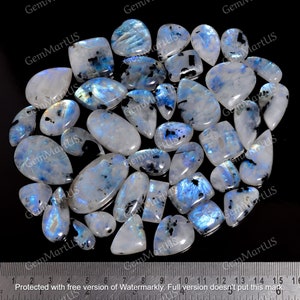 Top Quality Natural Rainbow Moonstone Cabochon with Black Tourmaline Wholesale Blue Fire Moonstone, Mix Shape, Size 15mm to 45mm