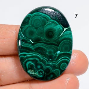 May include: A green malachite cabochon with a swirling pattern. The stone is oval shaped and has a smooth, polished surface.