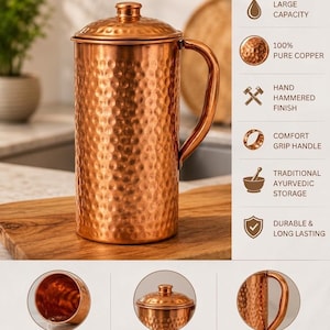 Puede incluir: Una jarra de agua cilíndrica de cobre puro con textura martillada a mano. Incluye una tapa a juego con un pequeño pomo y un asa lateral curva. El texto dice Hammered Pure Copper Water Jug, Large Capacity, 100% Pure Copper, Hand Hammered.