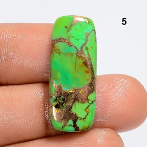 May include: A green and copper turquoise cabochon with a natural, irregular shape. The stone has a mottled green color with copper inclusions. The stone is approximately 1 inch in length.