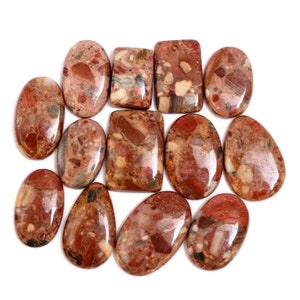 May include: A collection of 12 polished red, brown, and white jasper stones. The stones are various shapes and sizes, including oval, teardrop, and rectangular.
