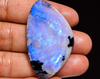 Amazing Large Blue Fire Rainbow Moonstone with visible black tourmaline Cabochons Natural White Rainbow Moonstone Gemstones, Crystal Gifts