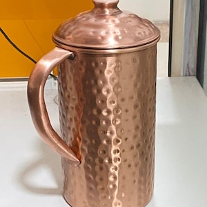 Handcrafted 100% Pure Copper Jug Pitcher Drinkware Hand Hammered Finish Ayurveda Yoga Health Benefits Jug With Lid - 1.5L Capacity