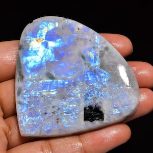 Large Natural White Rainbow Moonstone with visible black tourmaline Cabochon Loose Gemstone Top Grade Blue Fire Moonstone Flashy Moonstones
