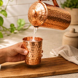 Puede incluir: Una jarra de cobre martillado con tapa y asa a juego vertiendo agua clara en un vaso de cobre martillado. Ambos recipientes presentan un acabado superficial texturizado y con hoyuelos que refleja la luz, mostrando el tono marrón anaranjado.