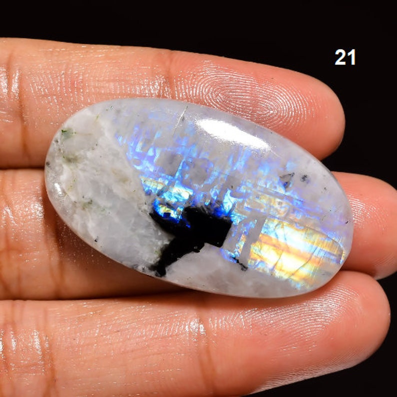 Rainbow Moonstone Gemstone, Rainbow Moonstone Cabochon Blue Fire Moonstone, Pear Oval Moonstone White Stone 21. 45ct 38x22x6mm