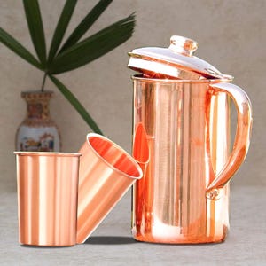 Pure Copper Water Pitcher Jug with 2 Tumblers: 1.5L Capacity 50 fl oz, Plain Finish, Copper Drinkware for Ayurvedic Benefits