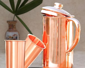 Pure Copper Water Pitcher Jug with 2 Tumblers: 1.5L Capacity 50 fl oz, Plain Finish, Copper Drinkware for Ayurvedic Benefits