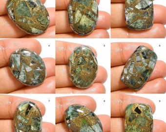 Spiny Copper Green Seraphinite Oval Cushion Teardrop Cabochon Loose Gemstones, Flatback Hand Polished Green Cabochon