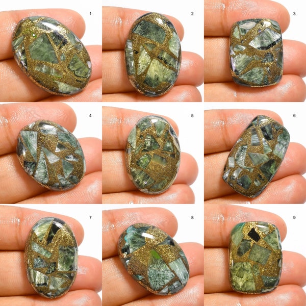Spiny Copper Green Seraphinite Oval Cushion Teardrop Cabochon Loose Gemstones, Flatback Hand Polished Green Cabochon