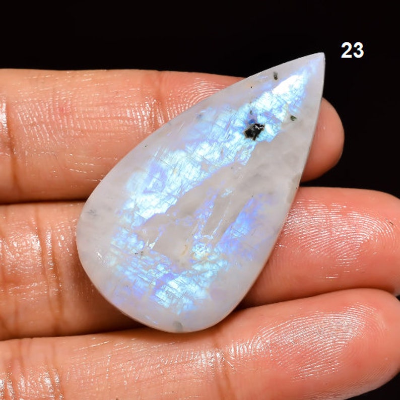 Rainbow Moonstone Gemstone, Rainbow Moonstone Cabochon Blue Fire Moonstone, Pear Oval Moonstone White Stone 23. 46ct 38x21x7mm
