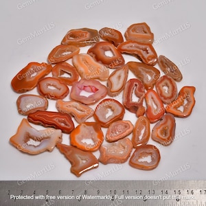 May include: A collection of 20 agate slices in natural orange and white colours. The agate slices are translucent and have a variety of shapes and sizes. The slices are arranged on a white surface with a ruler for scale.