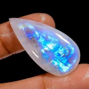 Piedra preciosa de piedra lunar arcoíris, piedra lunar arcoíris cabujón, piedra lunar azul fuego, piedra lunar ovalada en forma de pera, piedra blanca