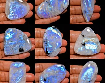 Amazing Large Blue Fire Rainbow Moonstone with visible black tourmaline Cabochons Natural White Rainbow Moonstone Gemstones, Crystal Gifts