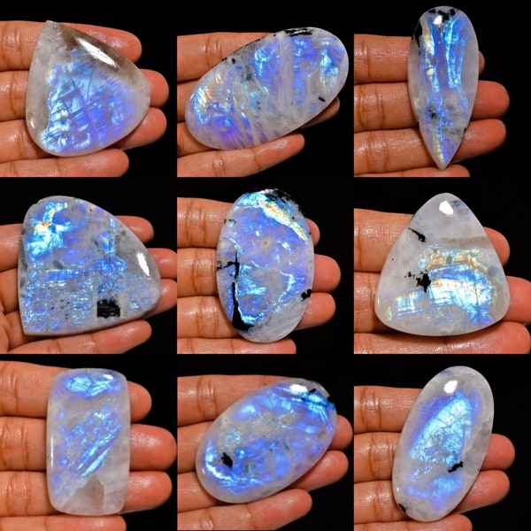 Amazing Large Blue Fire Rainbow Moonstone with visible black tourmaline Cabochons Natural White Rainbow Moonstone Gemstones, Crystal Gifts